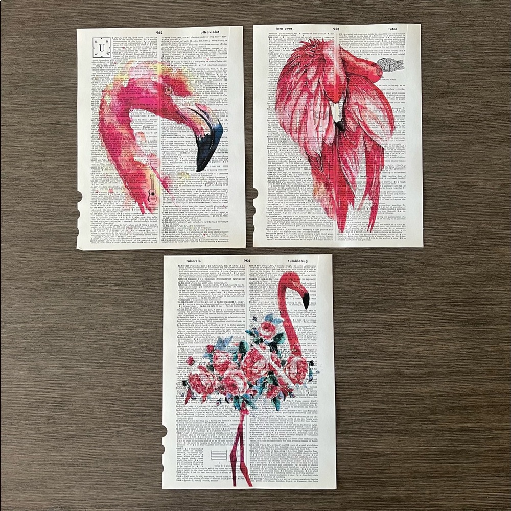 Flamingo Themed Dictionary Prints - Set of 3